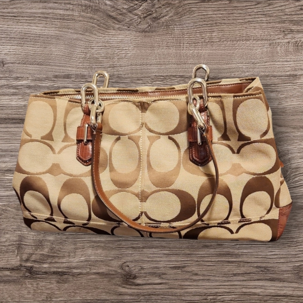 Coach Signature Tote with brown leather and silver chain links. - Picture 8 of 9